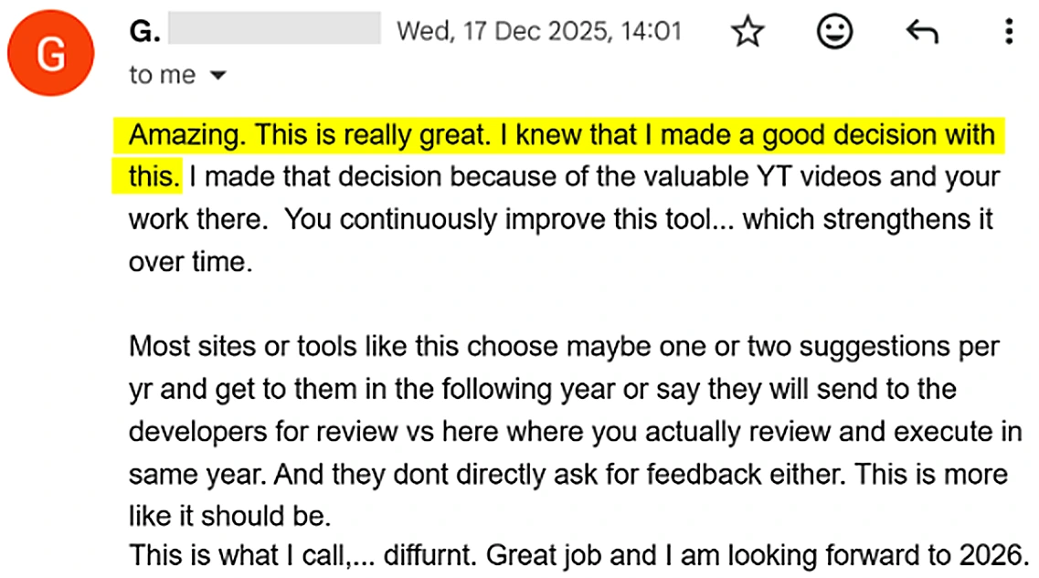 Email reading 'Amazing. This is really great. I knew that I made a good decision with this.'
