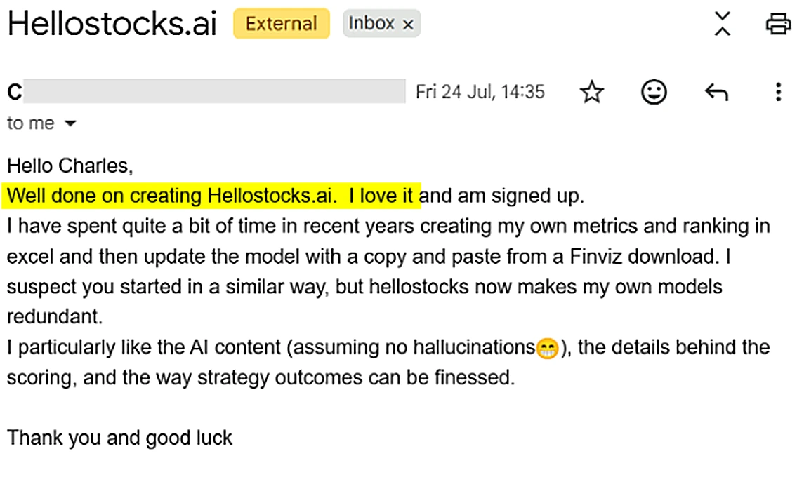 Email reading 'Well done on creating Hellostocks.ai. I love it and am signed up.'