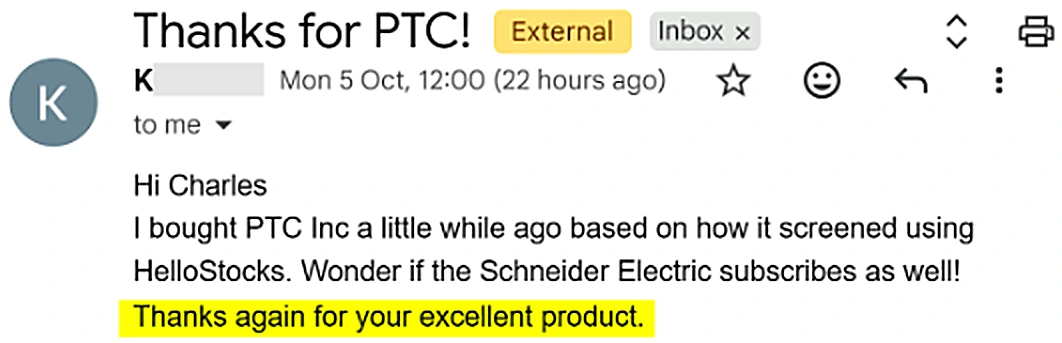 Email titled 'Thanks for PTC!' reading 'Thanks again for your excellent product.'